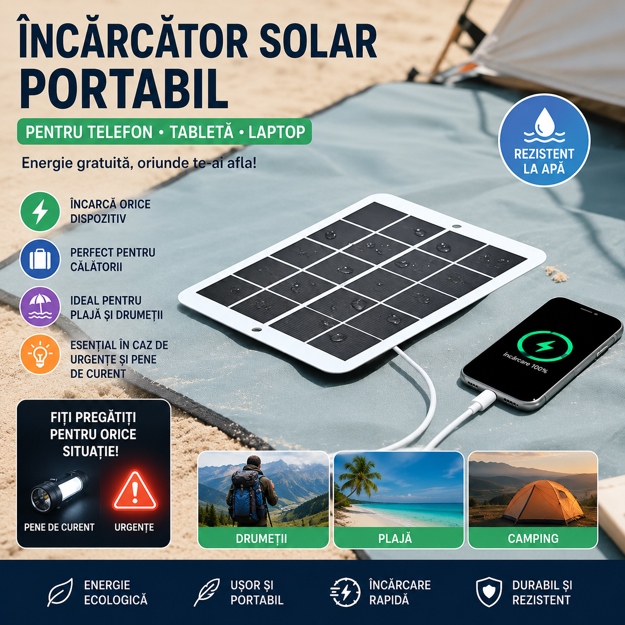 Încărcător solar portabil de 2W și 5V